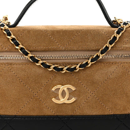 Suede Calfskin Shiny Lambskin Quilted Top Handle Slim Vanity Case With Chain Beige Black
