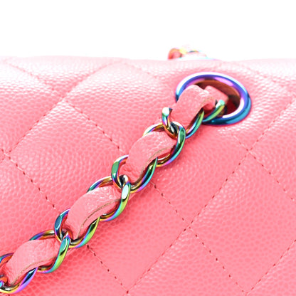 Caviar Quilted Rainbow Medium Double Flap Coral Pink