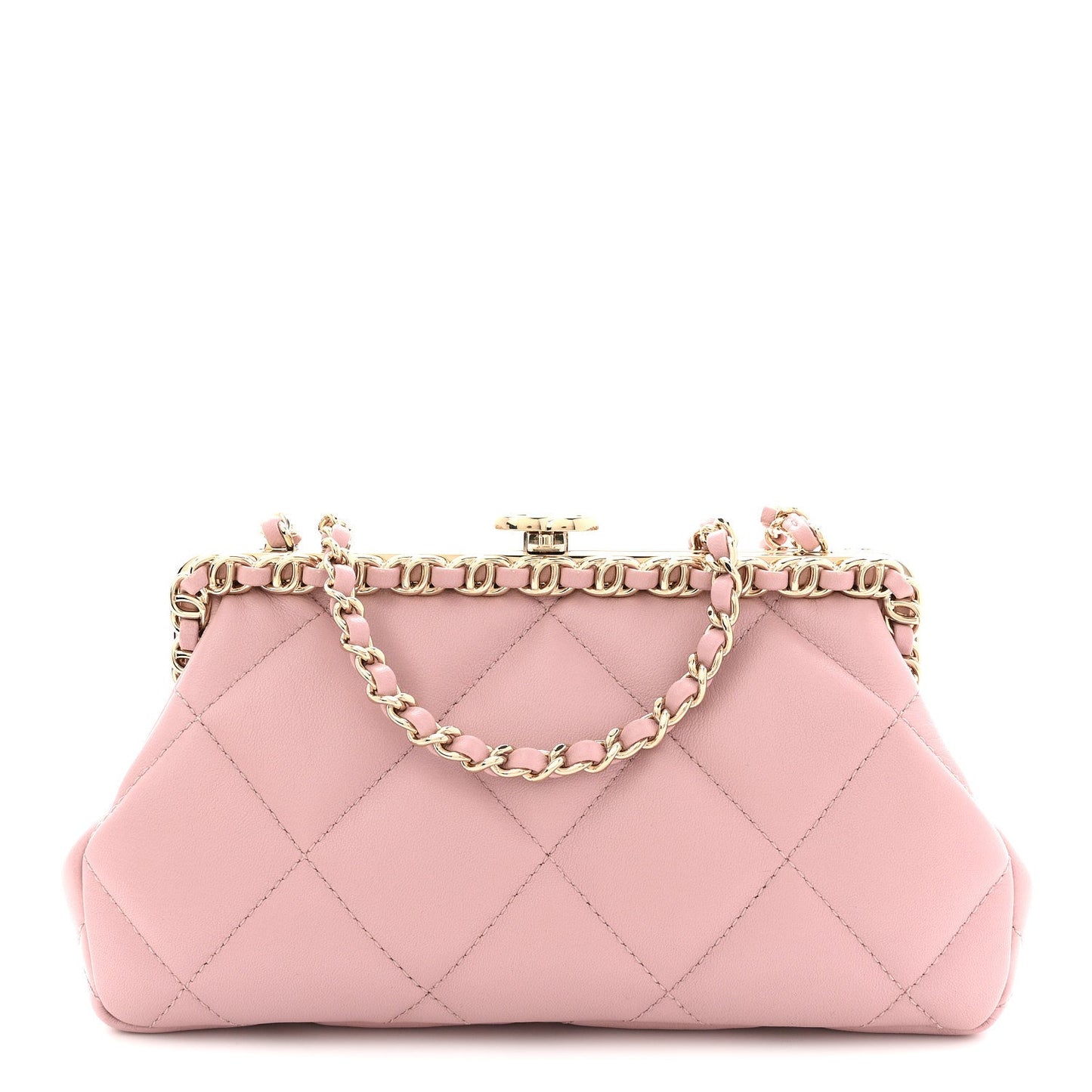 Lambskin Quilted Chain Frame Clutch Pink