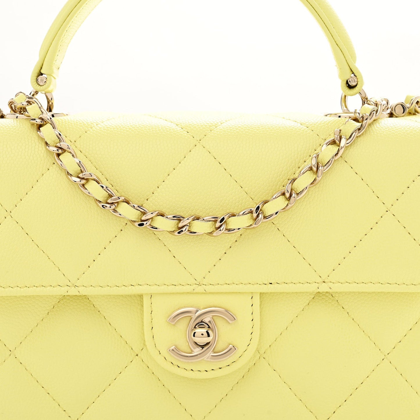 Caviar Quilted Retro Mini Twist Top Handle Clutch Flap Light Yellow