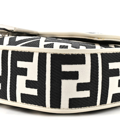 Canvas Vitello King FF Embroidered Baguette White Black