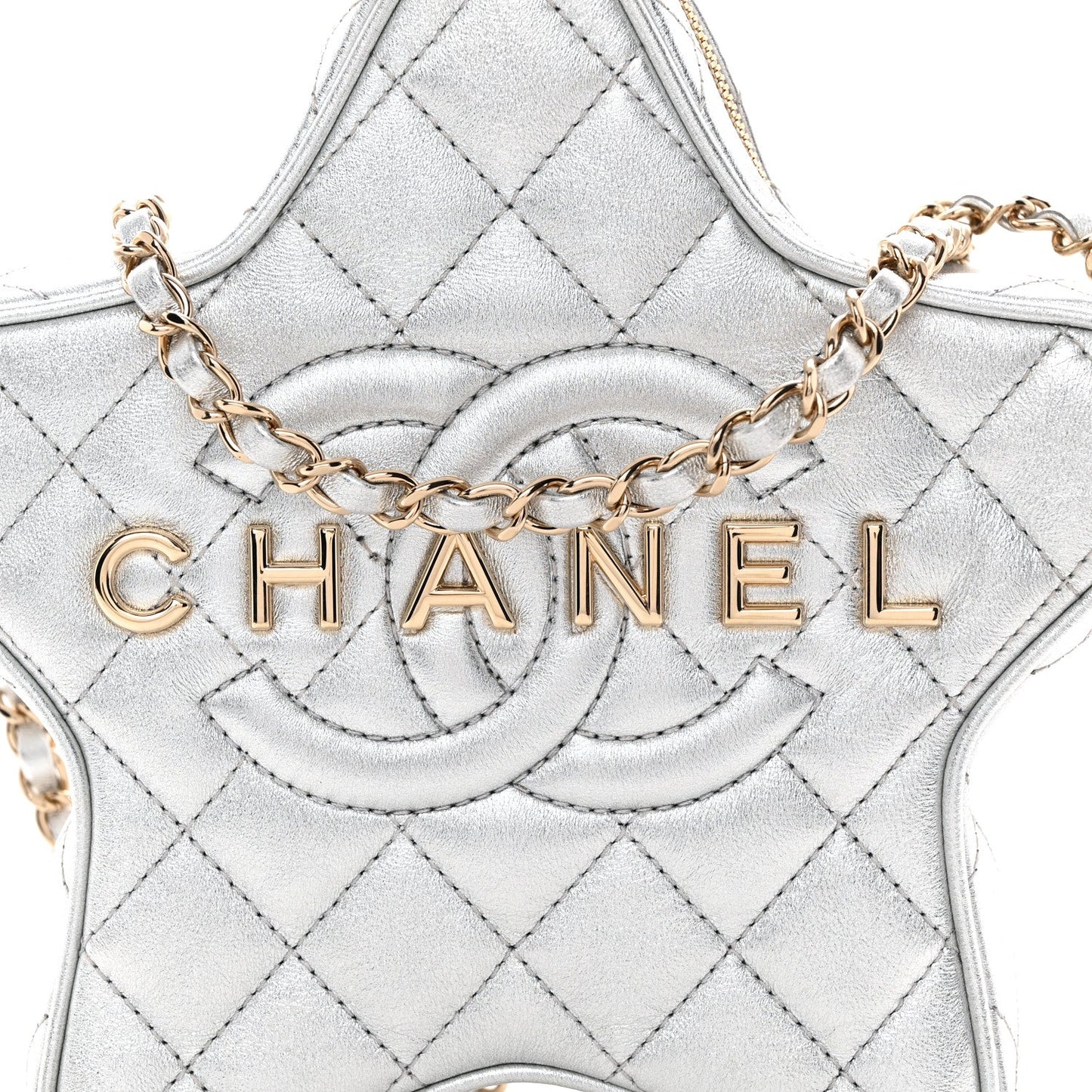 Metallic Lambskin Quilted Walk Of Fame Star Bag Silver
