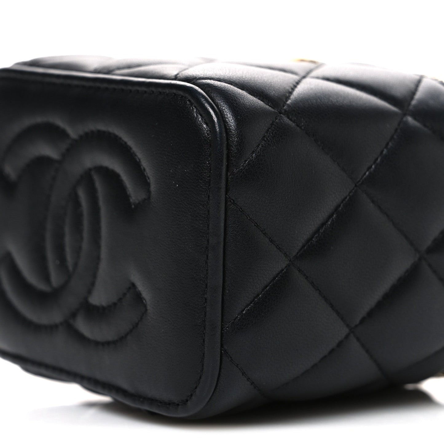 Lambskin Quilted Metal Mini Top Handle Vanity Case With Chain Black