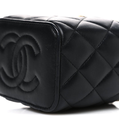 Lambskin Quilted Metal Mini Top Handle Vanity Case With Chain Black