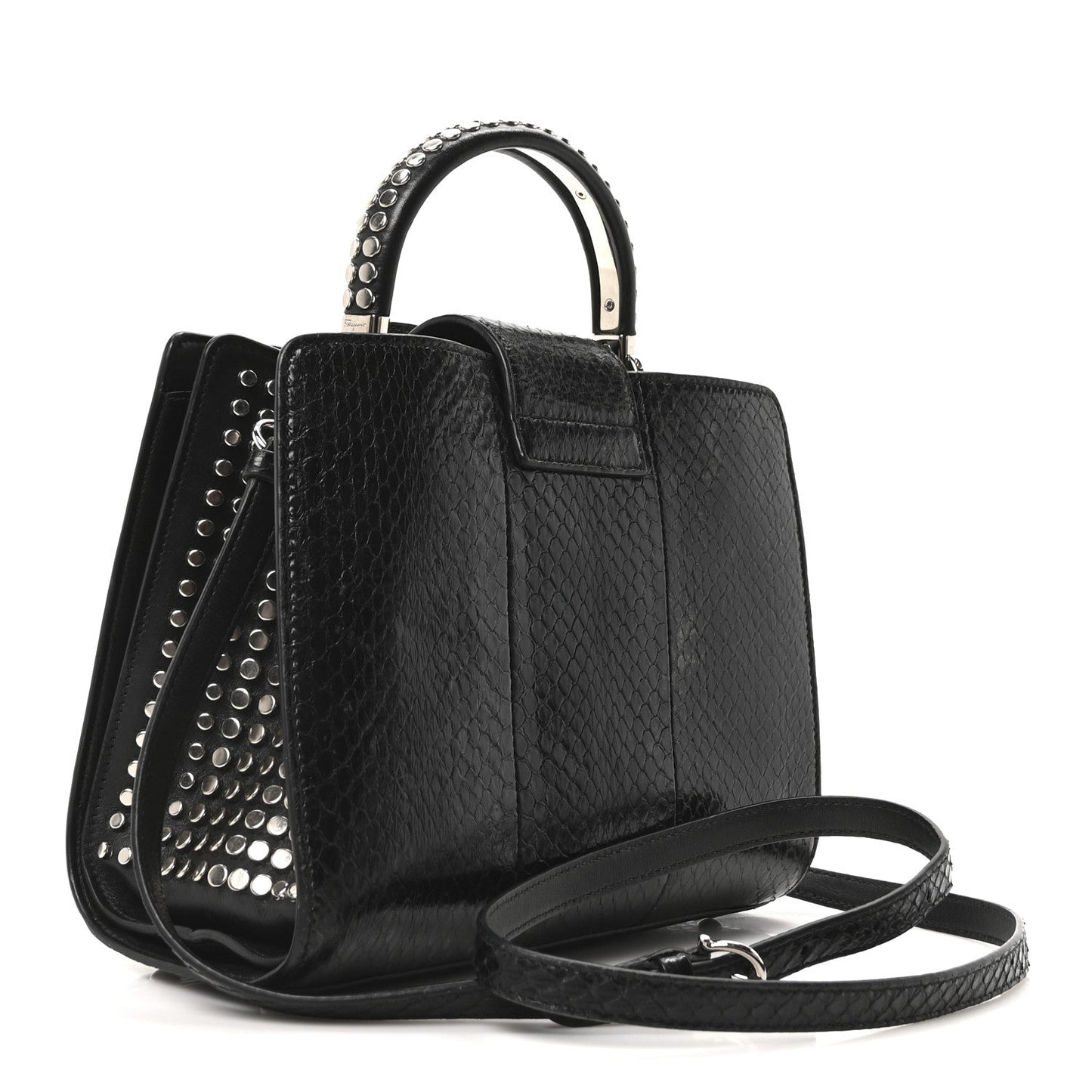 Snakeskin Studded Thalia Top Handle Black