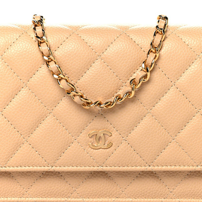 Caviar Quilted Wallet on Chain WOC Beige