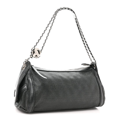 Calfskin Perforated Pulley Shoulder Bag Black