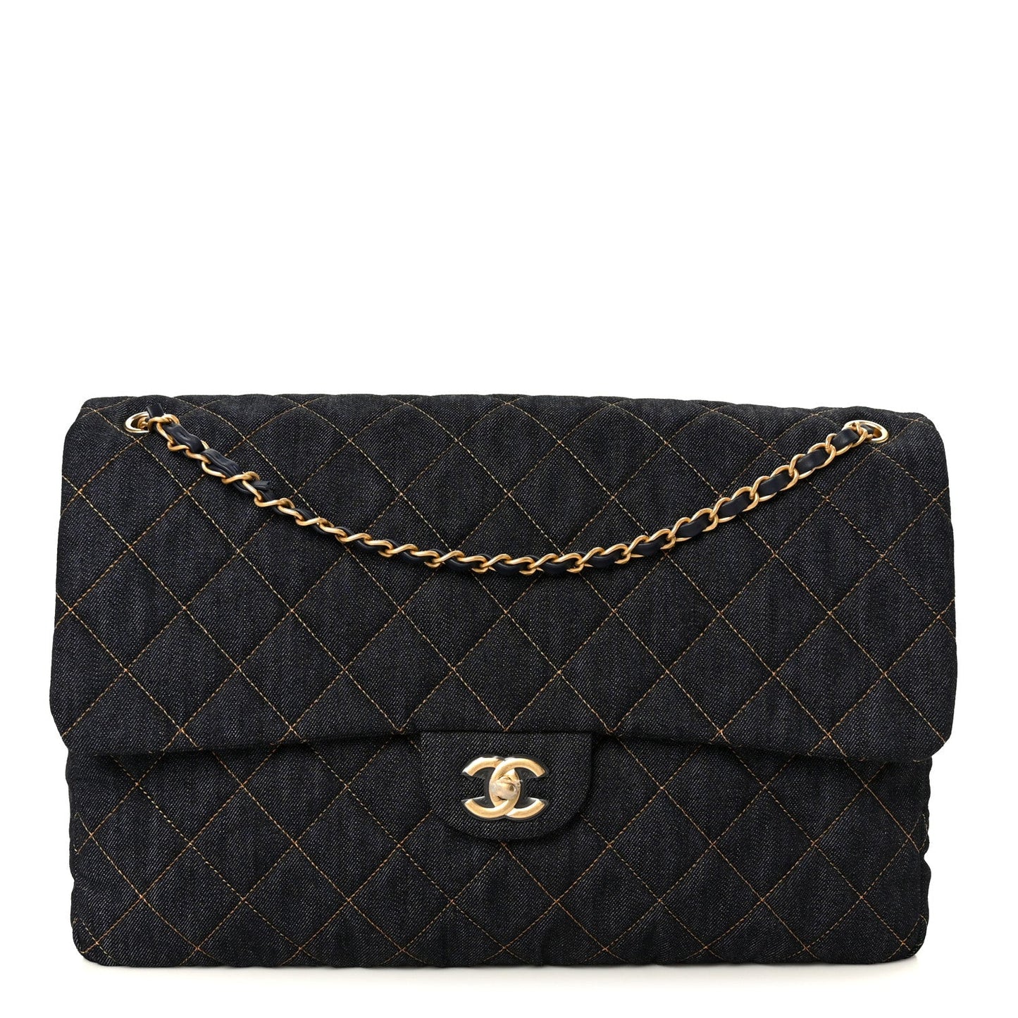 Denim Quilted XXL Travel Flap Bag Dark Blue Orange