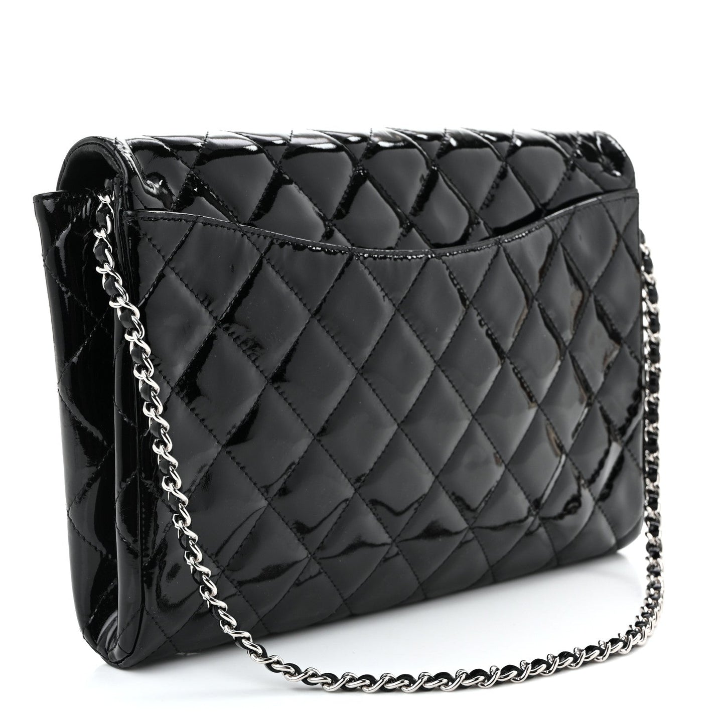 Patent Quilted Clutch with Chain Flap Black