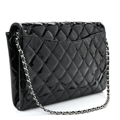Patent Quilted Clutch with Chain Flap Black
