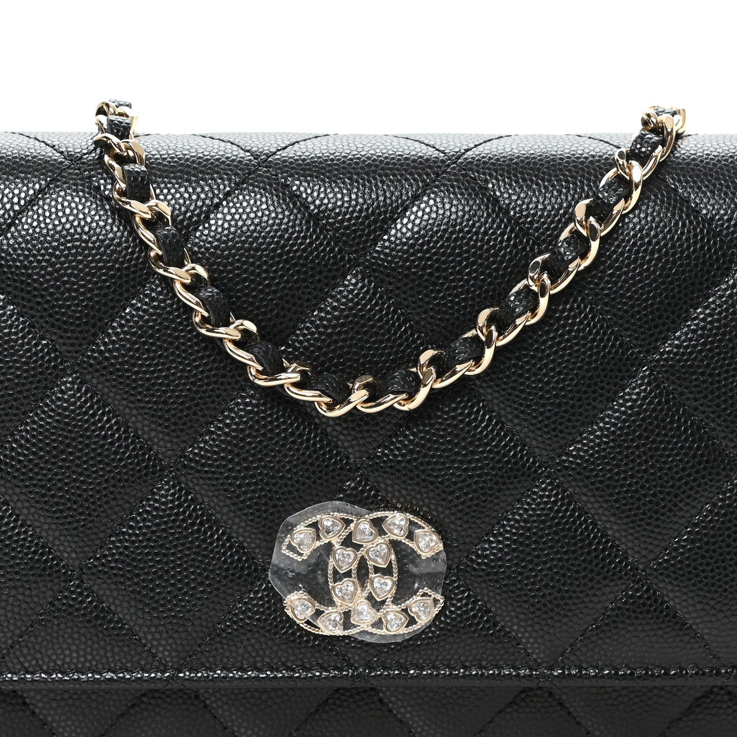 Caviar Quilted Crystal Heart CC Wallet On Chain WOC Black