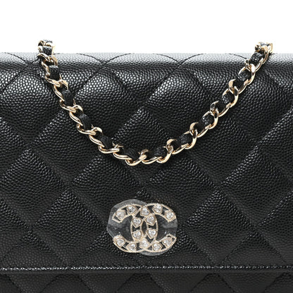 Caviar Quilted Crystal Heart CC Wallet On Chain WOC Black