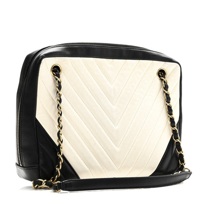 Lambskin Chevron Quilted Camera Case Black White