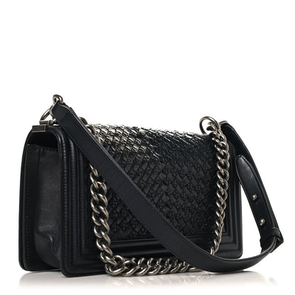 Lambskin Braided Woven Medium Boy Flap Black