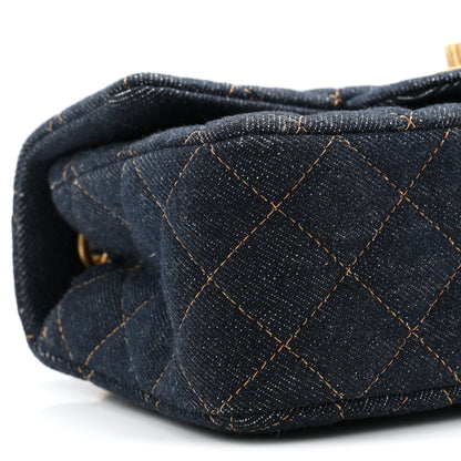 Denim Quilted Mini Rectangular Flap Dark Blue