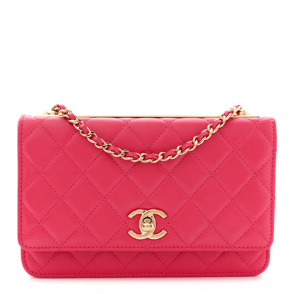 Lambskin Quilted Trendy CC Wallet On Chain WOC Dark Pink