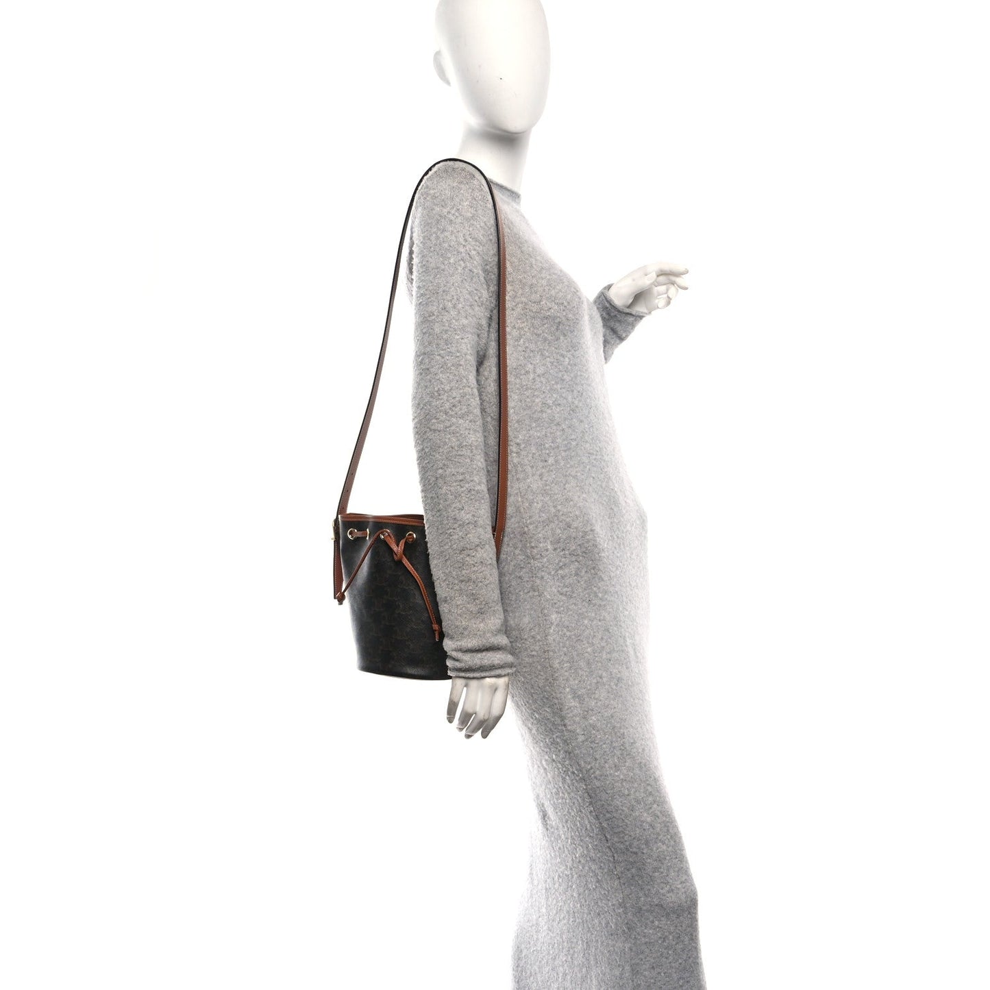 Triomphe Canvas Calfskin Small Drawstring Bucket Bag Tan