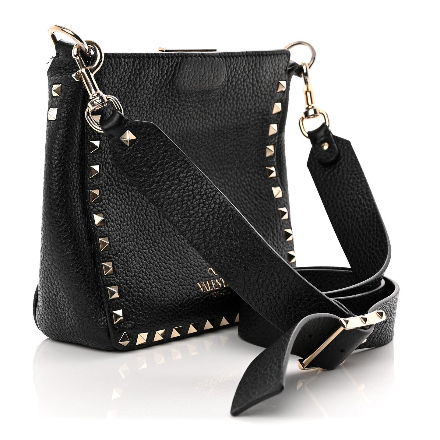 Pebbled Calfskin Mini Rockstud Flip-Lock Messenger Bag Black