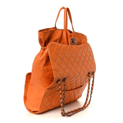 Lambskin Quilted Jumbo Grocery By Chanel Drawstring Shopping Bag Orange