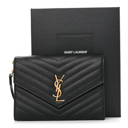 Grain De Poudre Matelasse Chevron Monogram Envelope Clutch Black