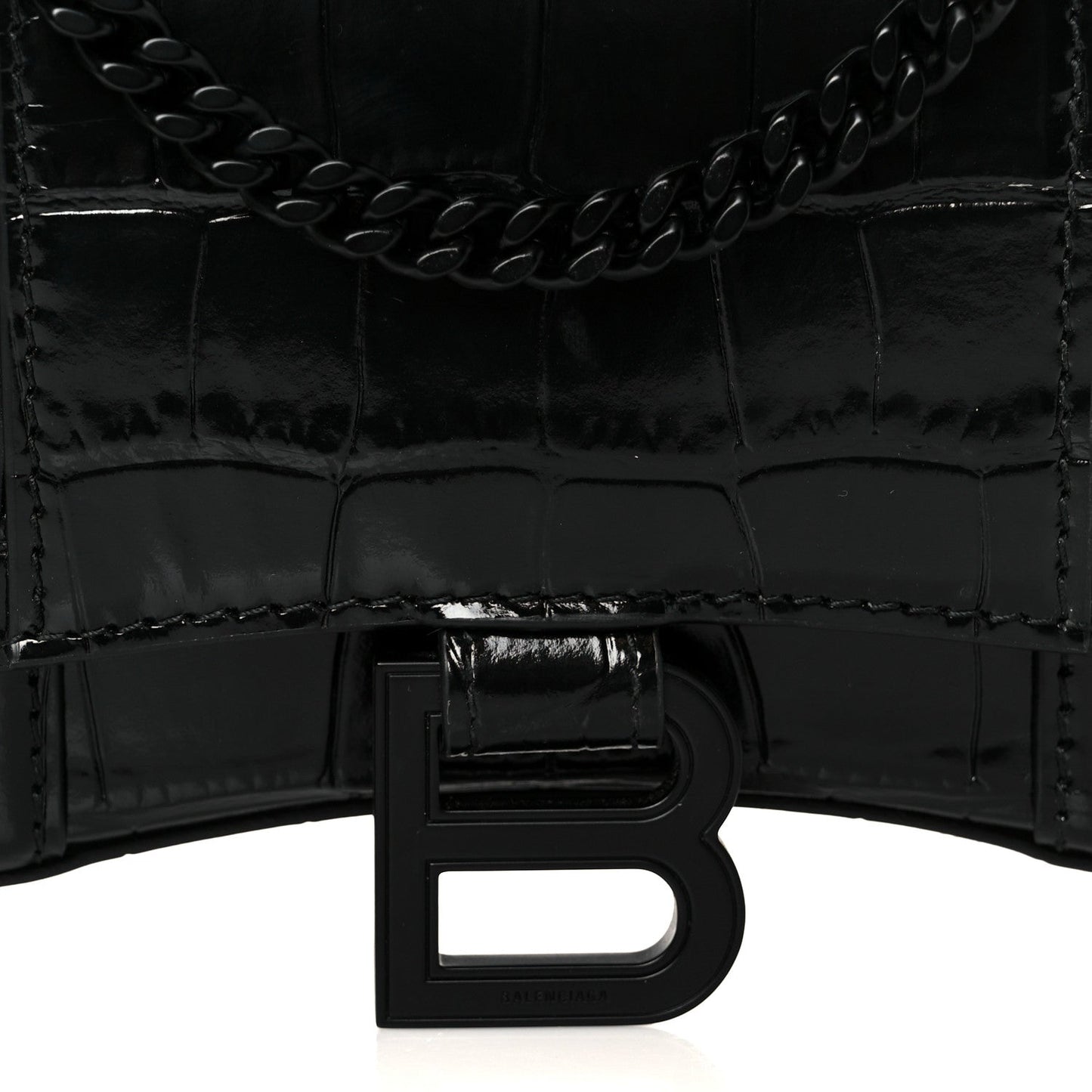 Shiny Calfskin Monochrome Crocodile Embossed Hourglass Chain Bag Black