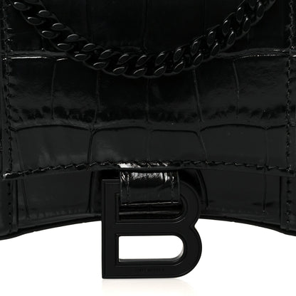 Shiny Calfskin Monochrome Crocodile Embossed Hourglass Chain Bag Black