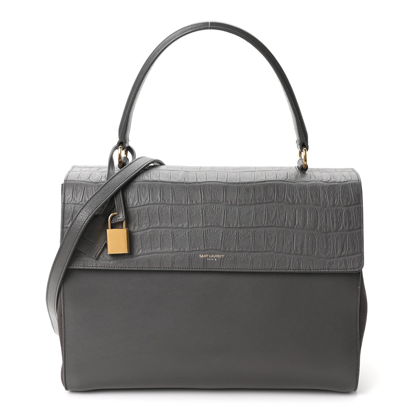 Calfskin Crocodile Embossed Medium Moujik Top Handle Bag Fog