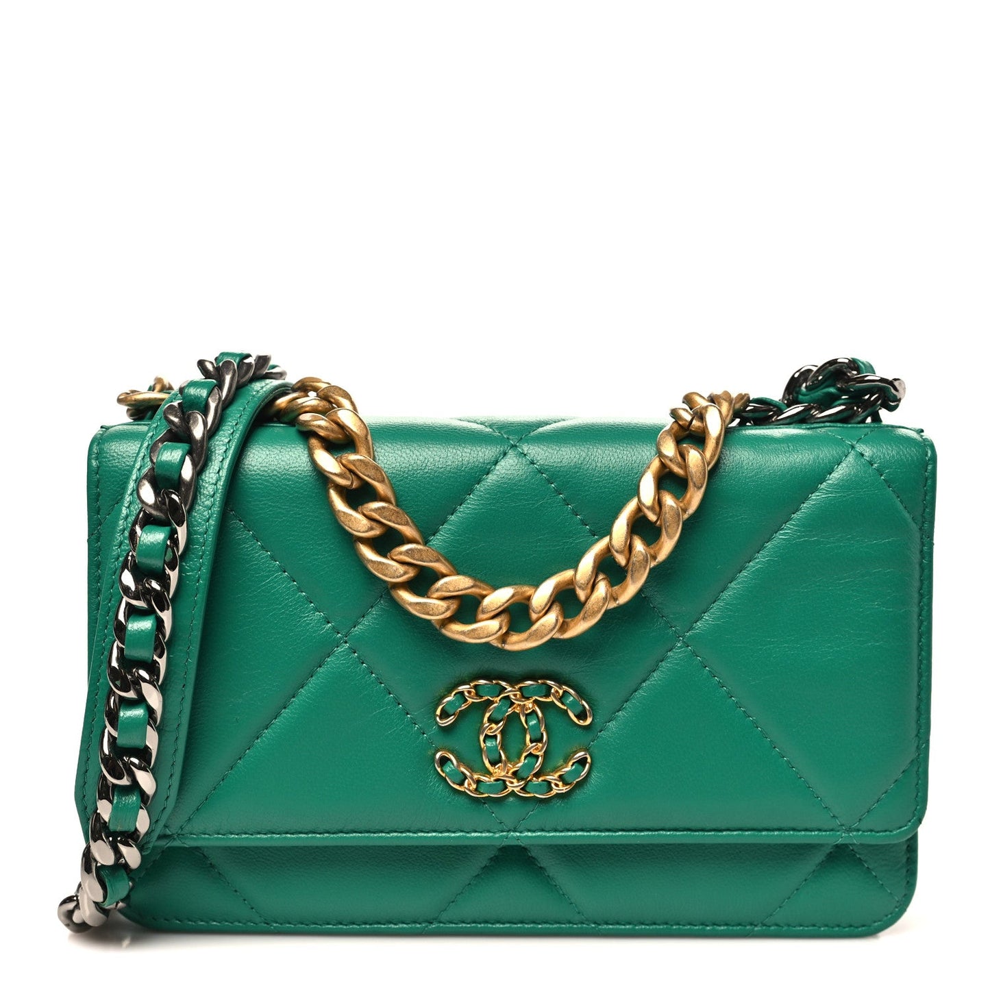 Lambskin Quilted Chanel 19 Wallet On Chain WOC Green