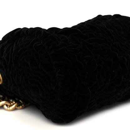 Velvet Camellia Embossed Barrel Clutch With Chain  Black