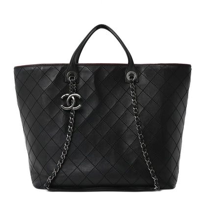 Calfskin Stitched Large Shopping Tote Black
