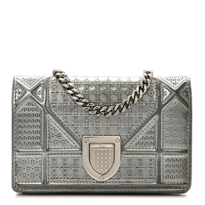 Metallic Patent Micro-Cannage Baby Diorama Flap Bag Silver