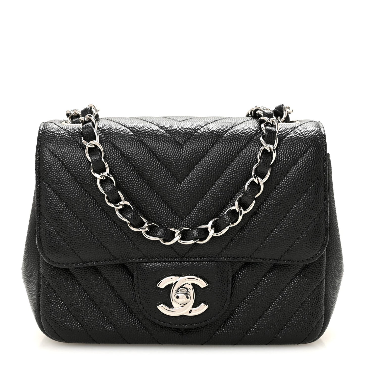 Caviar Chevron Quilted Mini Square Flap Black