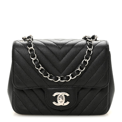Caviar Chevron Quilted Mini Square Flap Black