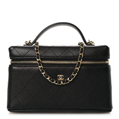 Goatskin Stitched Top Handle Slim Vanity With Chain Black