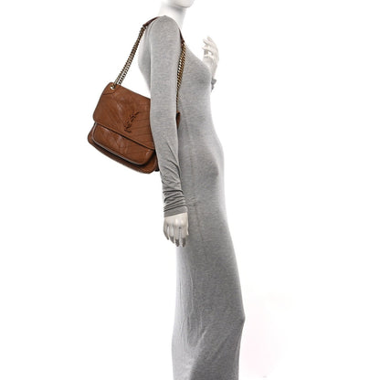 Crinkled Calfskin Matelasse Monogram Medium Niki Chain Satchel Caramel
