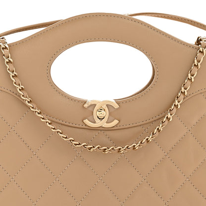 Shiny Crumpled Calfskin Quilted 31 Shopping Bag Dark Beige