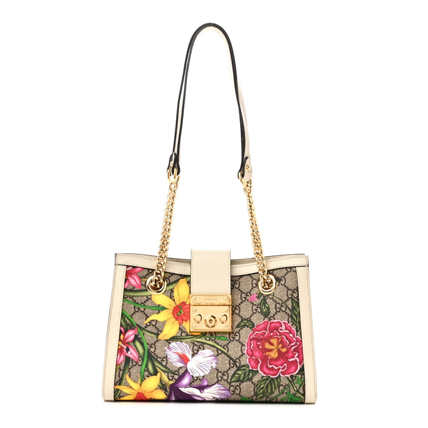 GG Supreme Monogram Flora Textured Calfskin Small Padlock Tote Beige Ebony Multicolor Mystic White