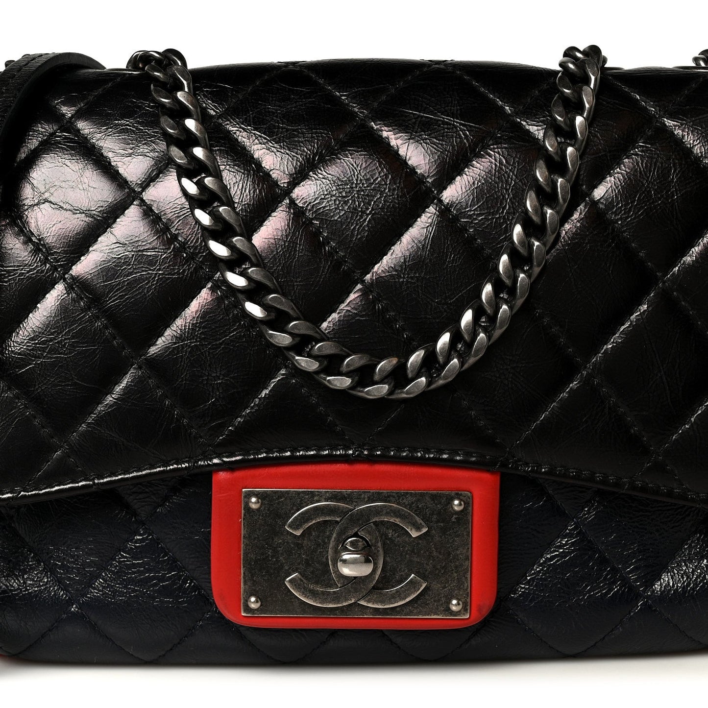 Shiny Goatskin Quilted Tri-Color Flap Black Red Navy