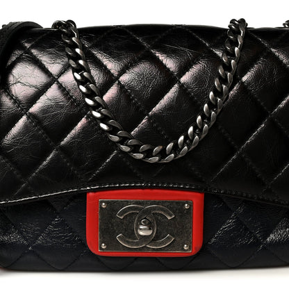 Shiny Goatskin Quilted Tri-Color Flap Black Red Navy