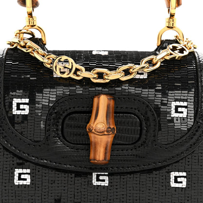 Sequin Lizard Embossed GG Mini Bamboo 1947 Top Handle Chain Bag Black White
