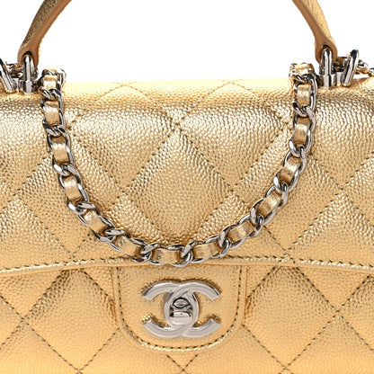 Metallic Caviar Quilted Top Handle Flap Clutch With Chain Gold