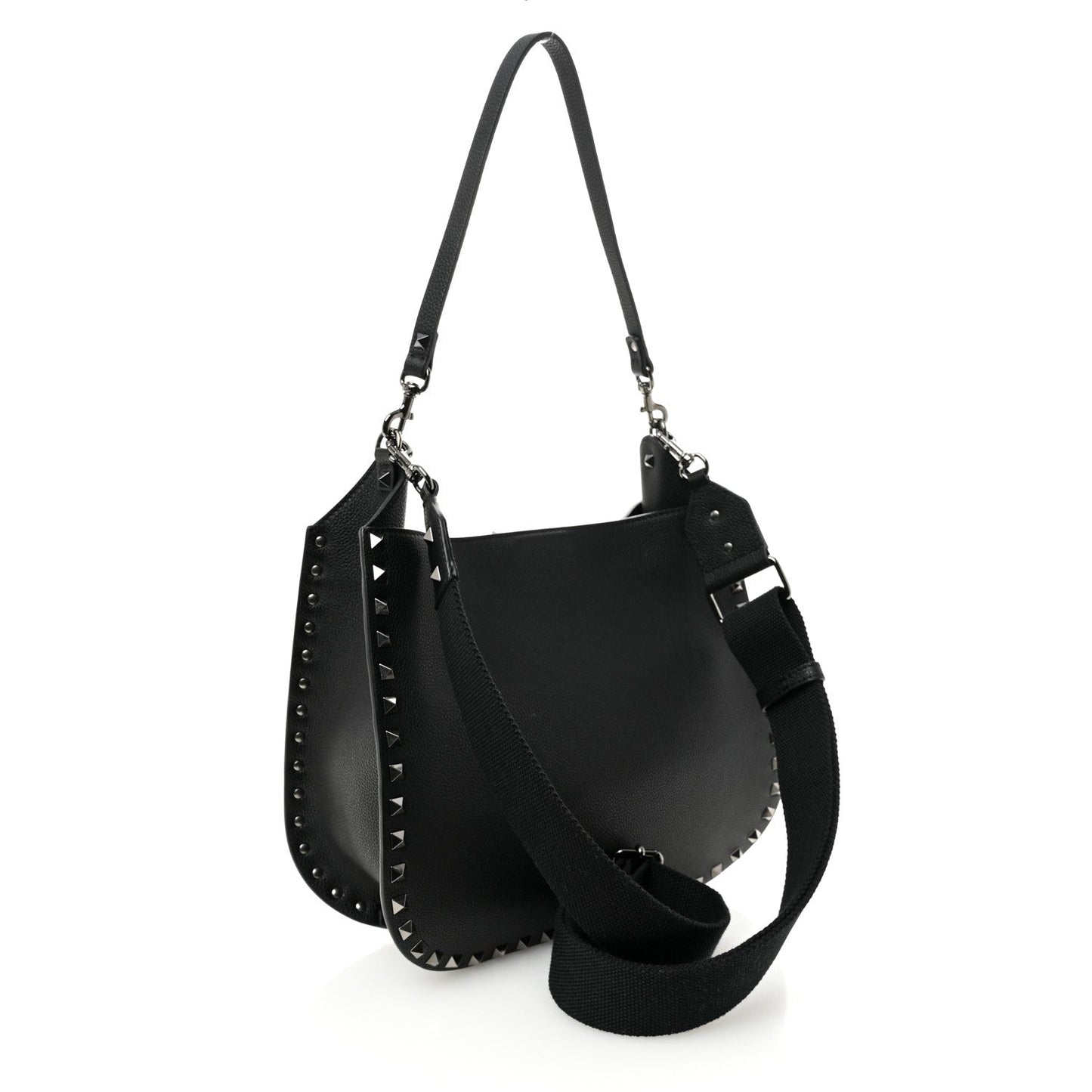 Grained Calfskin Rockstud Hobo Shoulder Bag Black