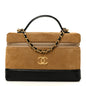 Suede Calfskin Shiny Lambskin Stitched Top Handle Slim Vanity Case With Chain Beige Black