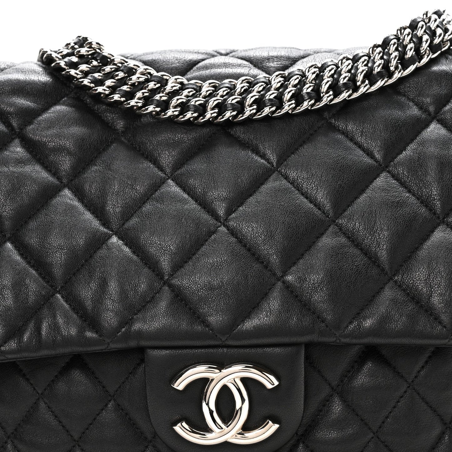 Washed Lambskin Quilted Maxi Chain Around Flap Black