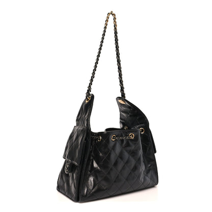 Shiny Crumpled Calfskin Quilted Small Chanel 25 Handbag Black