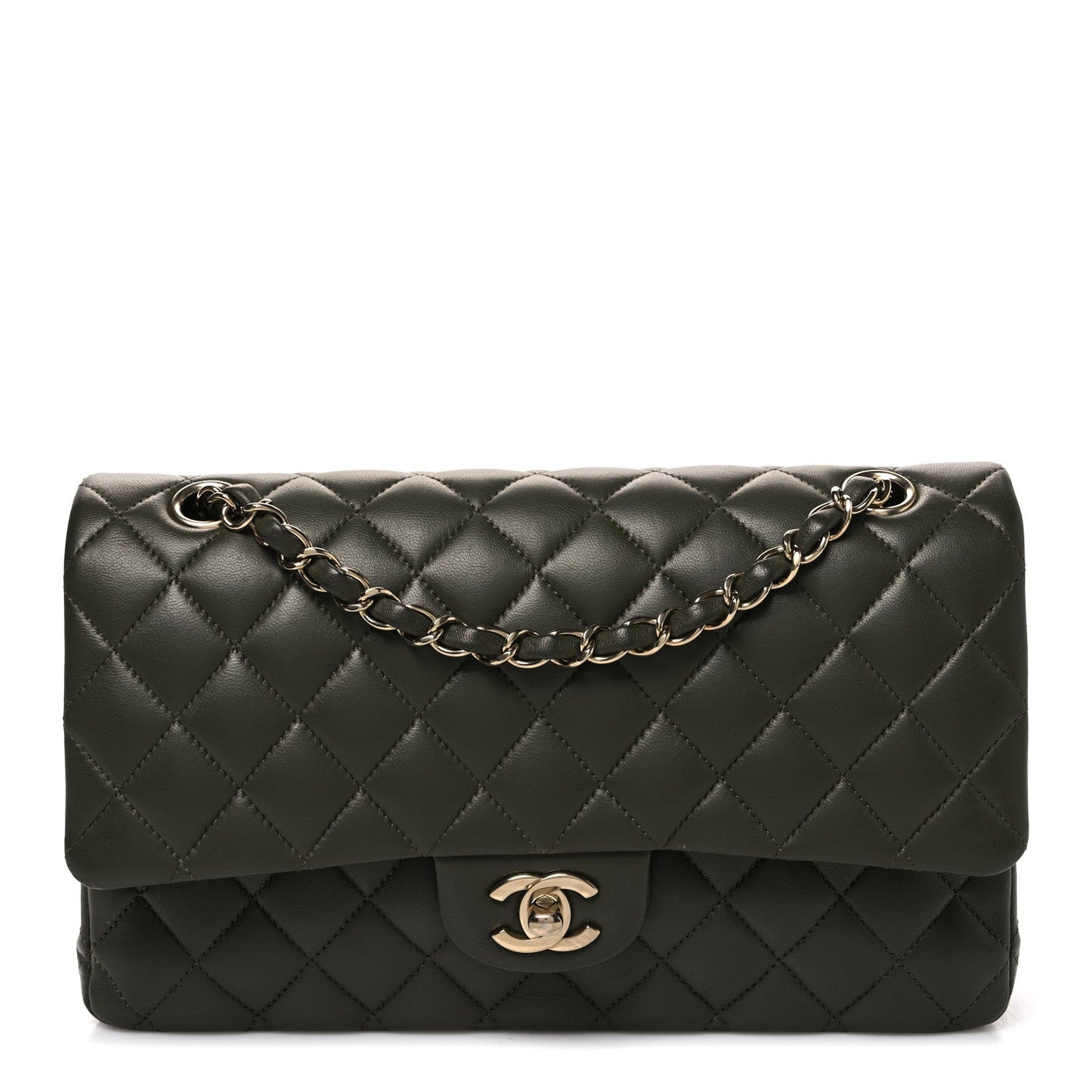 Lambskin Quilted Medium Double Flap Khaki