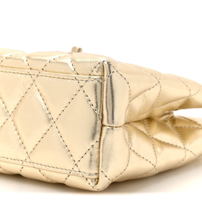 Metallic Shiny Aged Calfskin Quilted Nano Kelly Shopper Gold