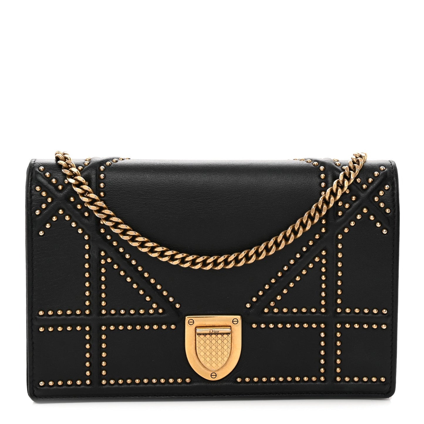 Calfskin Studded Diorama Wallet on Chain Pouch Black
