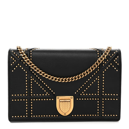 Calfskin Studded Diorama Wallet on Chain Pouch Black
