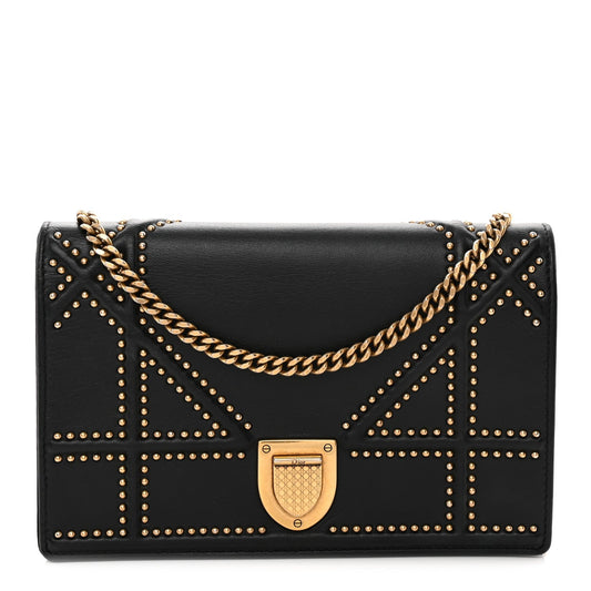Calfskin Studded Diorama Wallet on Chain Pouch Black
